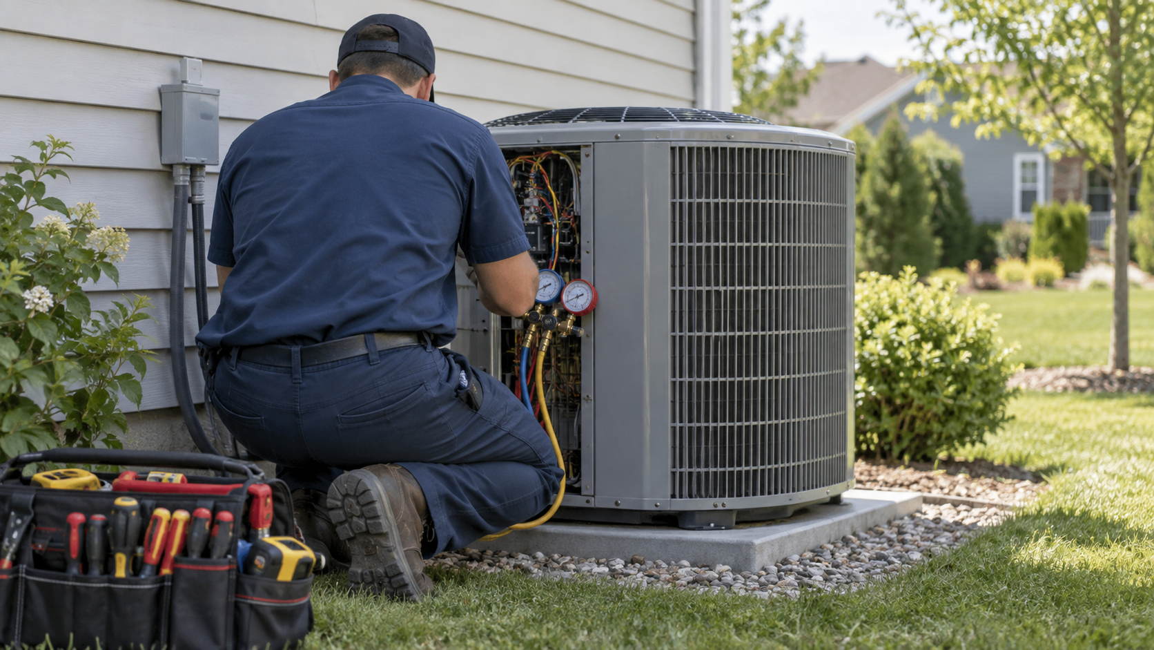 Outdoor AC condenser unit behind a home — Red River Comfort Solutions.