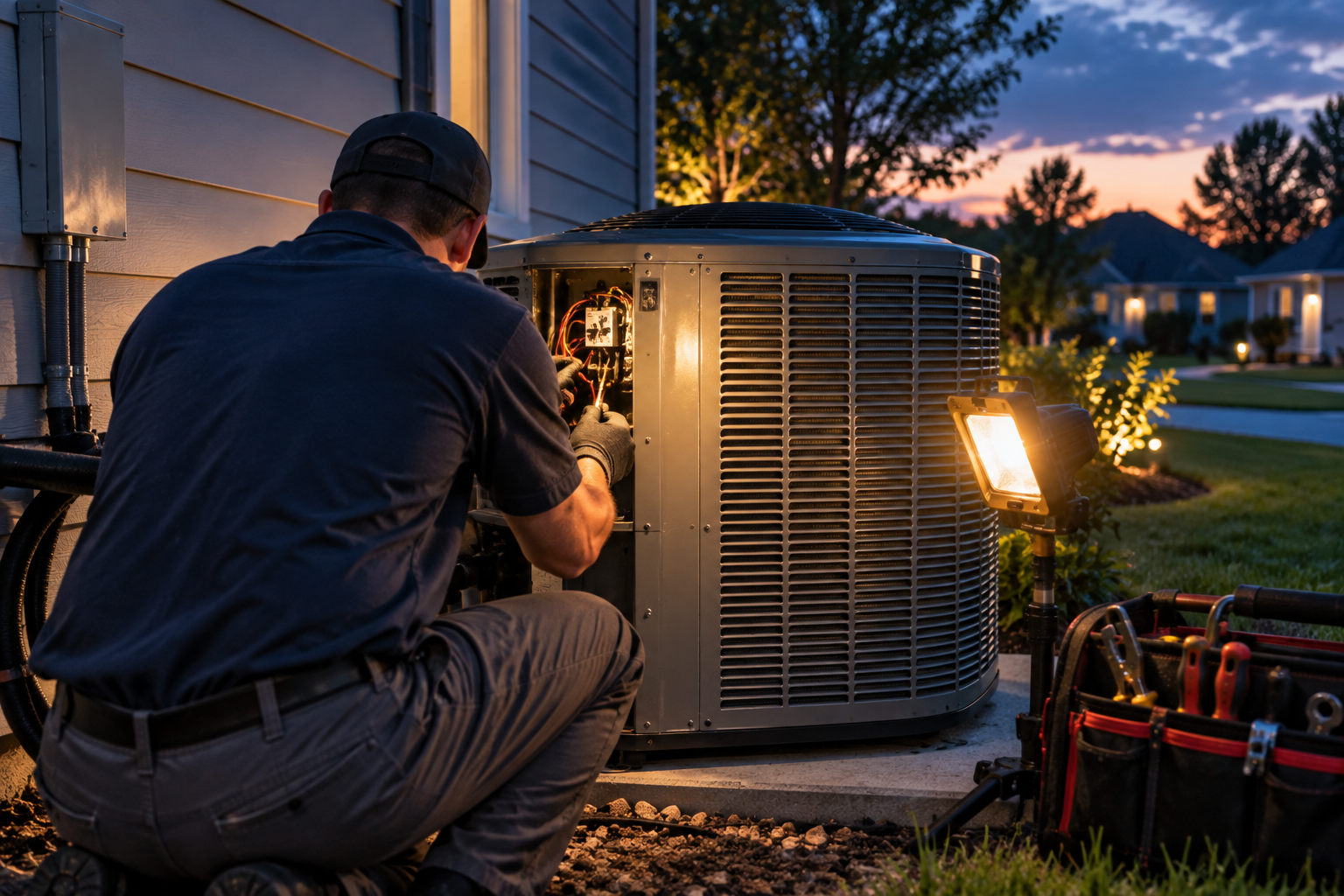 HVAC technician repairing an outdoor AC condenser on an evening service call.